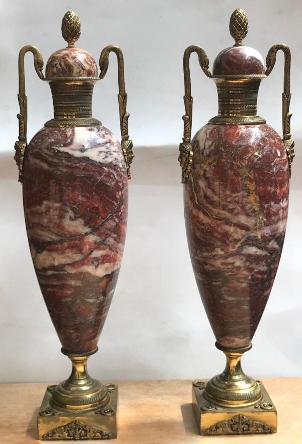 Grande paire de cassolettes vases bronze marbre Empire