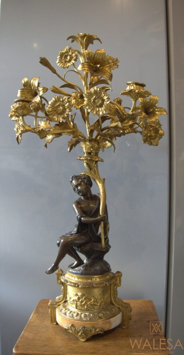 Candélabre bronze doré enfant corne d'abondance