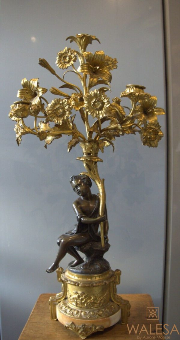 Candélabre bronze doré enfant corne d'abondance