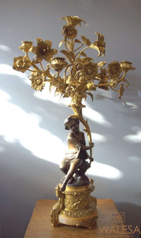 Candélabre bronze doré enfant corne d'abondance