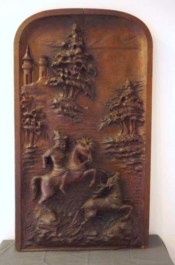 Tableau/Panneau en bois sculpté cavalier et cerf XIXème – Image 2