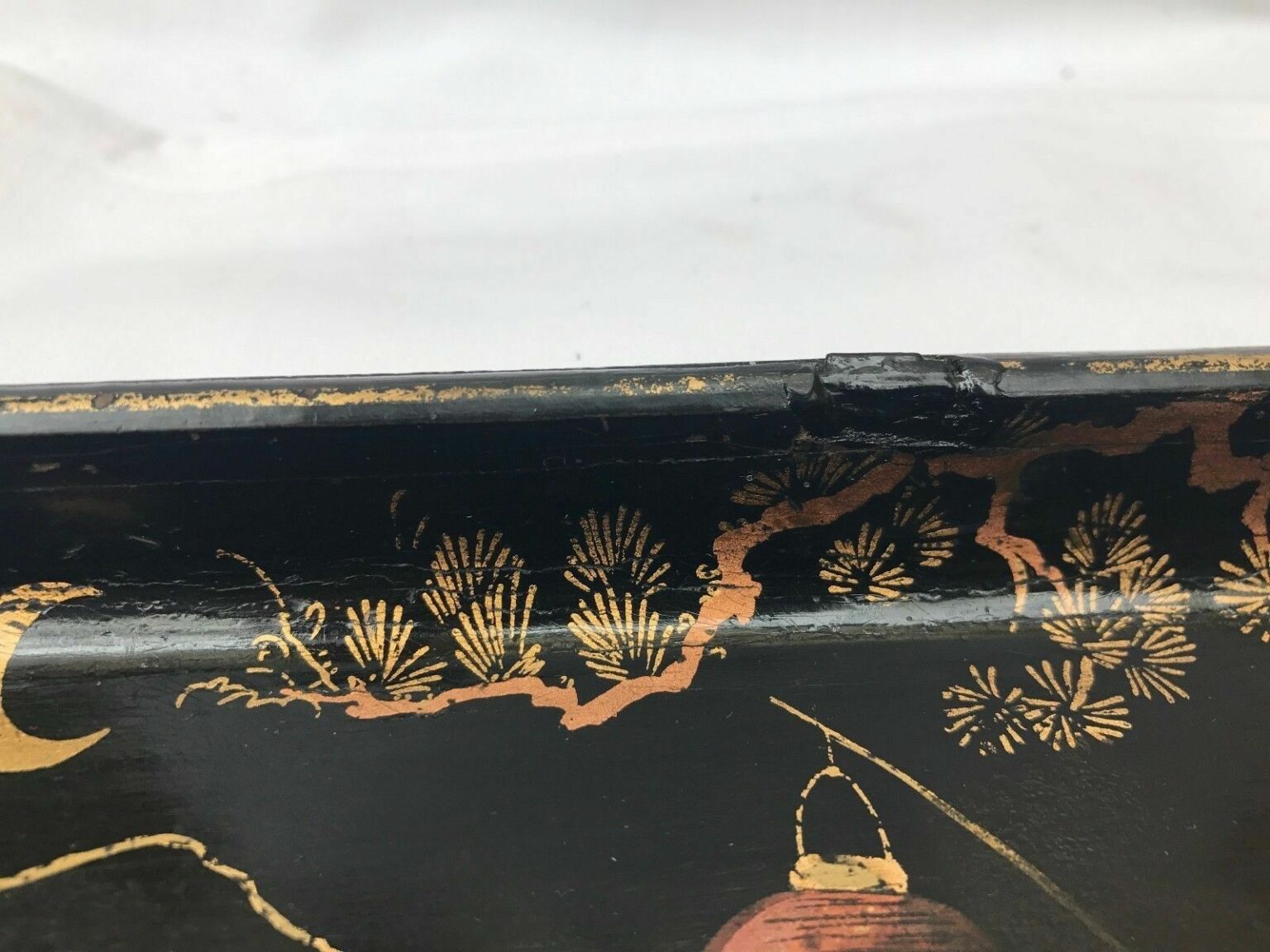 Grand Plateau Laqué Noir Ancien – Décor Japonisant Oiseaux – Années 1920 – 35x60 Cm