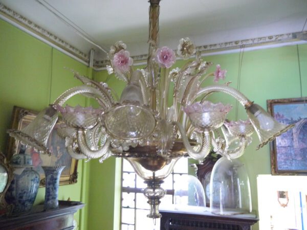 Grand lustre Murano cristal fumé et rose