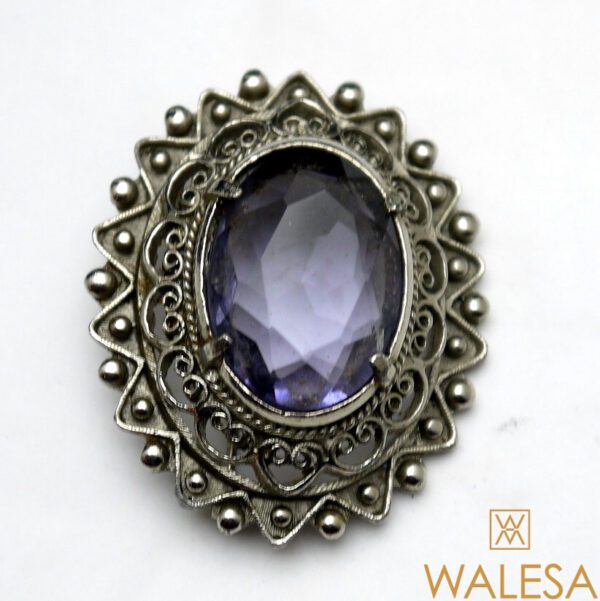 Broche métal argenté et pierre couleur améthyste – Image 2
