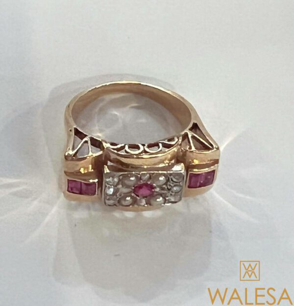 Bague Tank  or jaune 18k spinelles diamants perles – Image 2