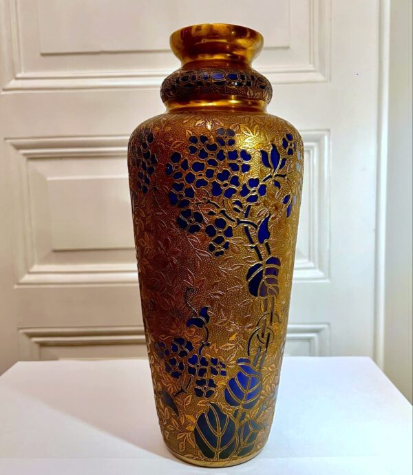 Val Saint Lambert Vase Léon Ledru cristal bleu cobalt décor galvanoplastie