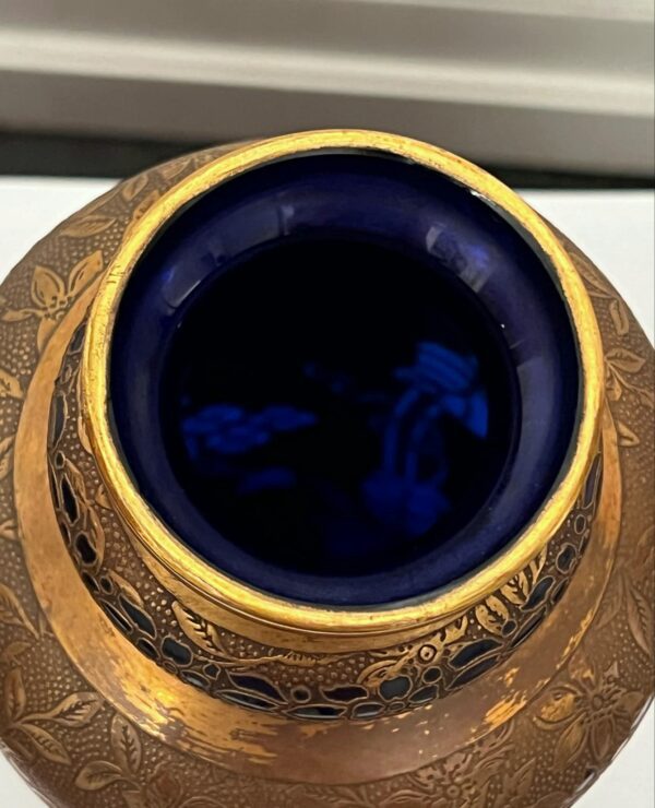 Val Saint Lambert Vase Léon Ledru cristal bleu cobalt décor galvanoplastie – Image 7