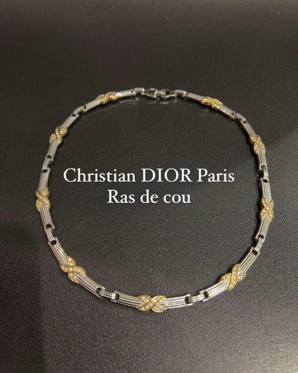 Christian DIOR Collier ras de cou en métal acier argenté et doré