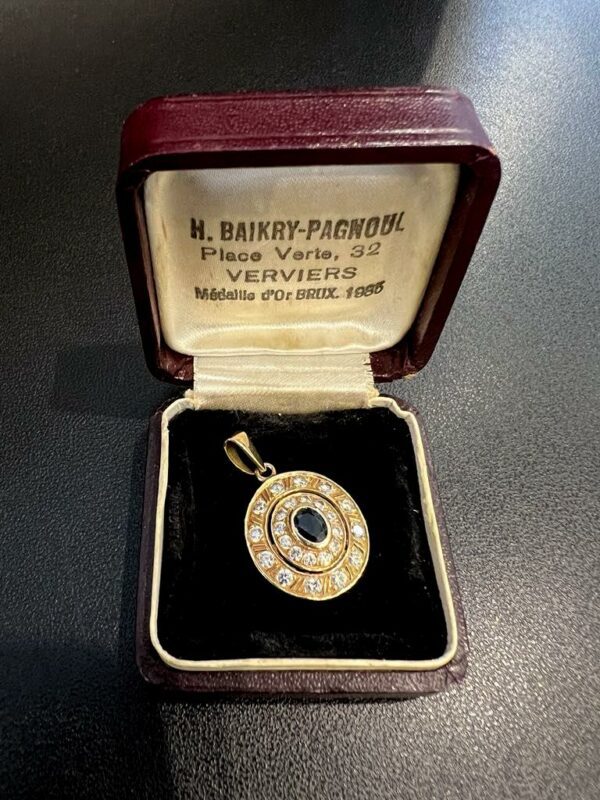 Pendentif médaillon rond or jaune saphir et diamants – Image 2