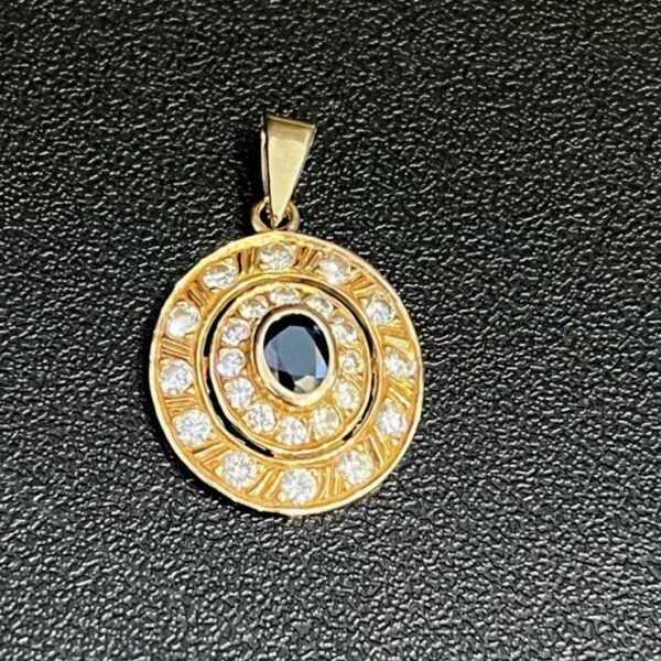 Pendentif médaillon rond or jaune saphir et diamants – Image 4