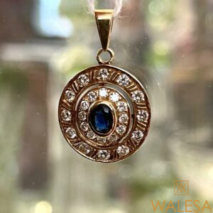 Pendentif médaillon rond or jaune saphir et diamants