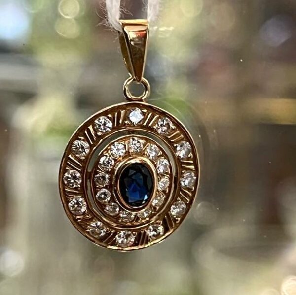 Pendentif médaillon rond or jaune saphir et diamants – Image 6