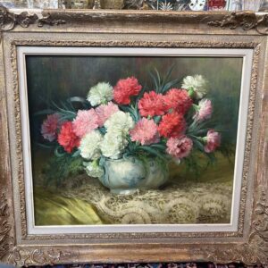 Julien STAPPERS (1875-1960), Huile sur toile ,“ Bouquet d’œillets dans un vase en porcelaine “