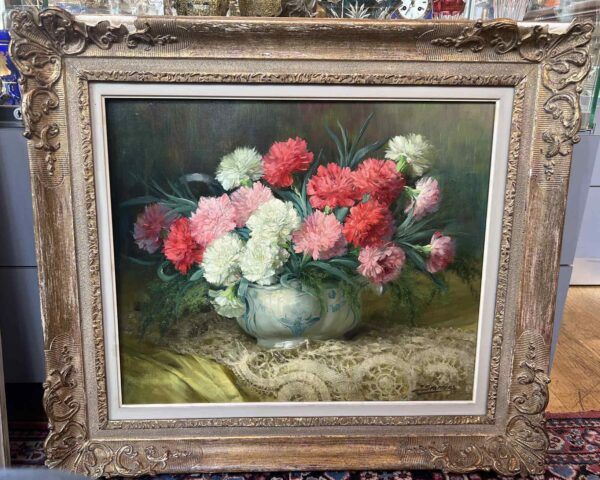 Julien STAPPERS (1875-1960), Huile sur toile ,“ Bouquet d’œillets dans un vase en porcelaine “