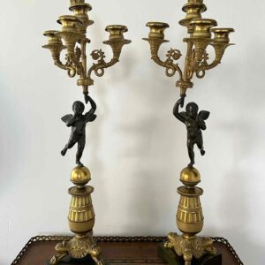 Paire de candélabres-torchères en bronze patiné et doré