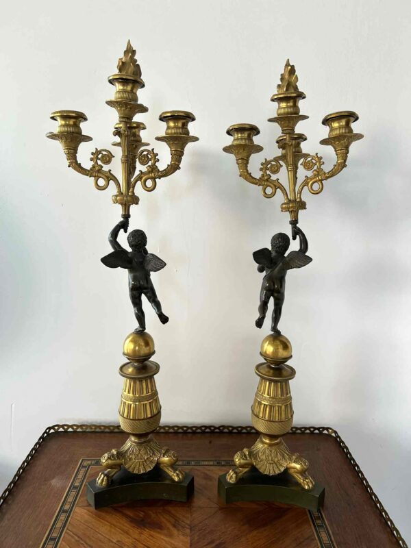 Paire de candélabres-torchères en bronze patiné et doré – Image 5