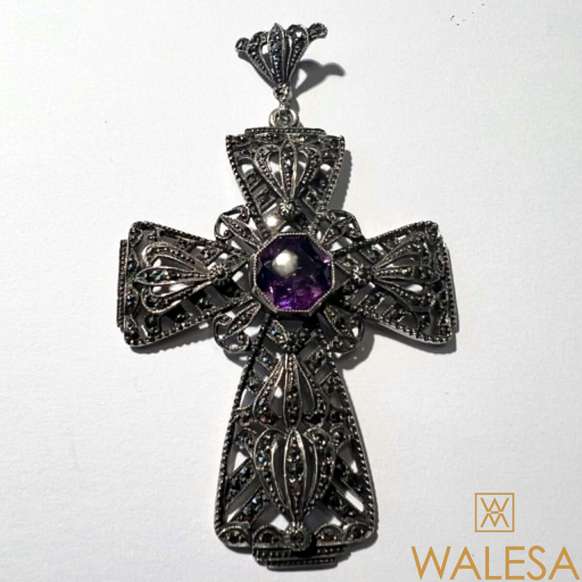 Pendentif Art Deco en argent 935 marcassites et améthyste