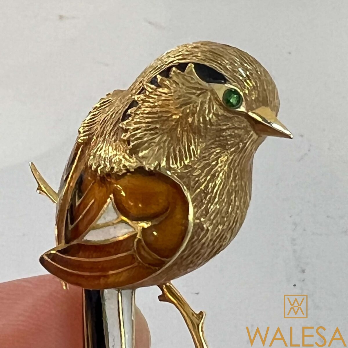 Broche oiseau or 18k et émaux