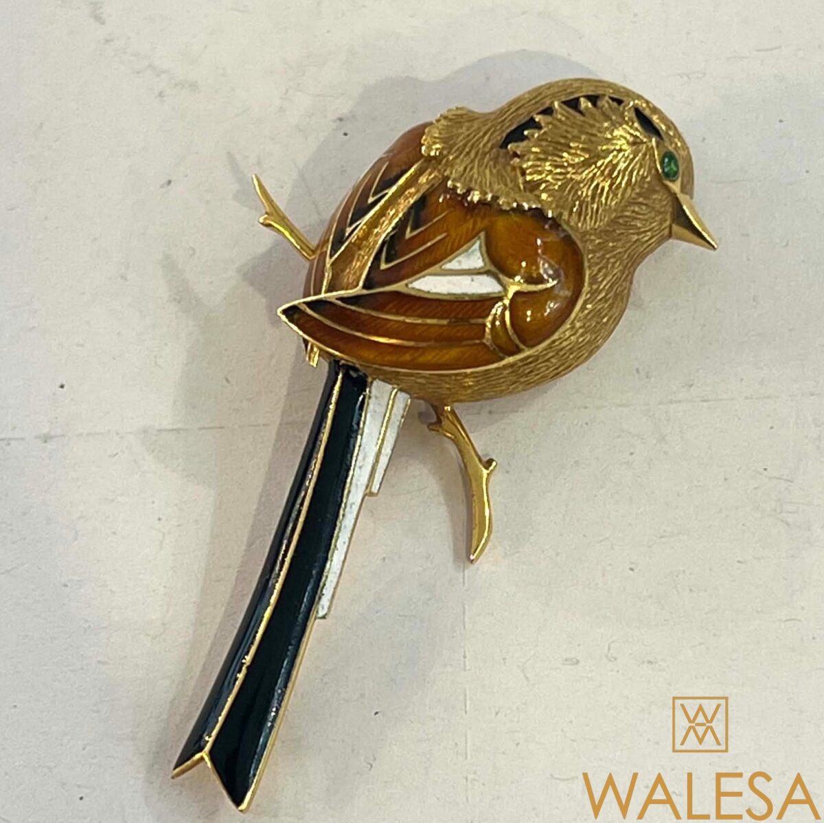 Broche oiseau or 18k et émaux